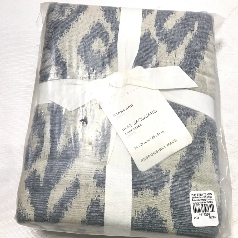 Pottery Barn Ikat Jacquard Comforter Sham Blue Standard 26 x 20” Chambray New